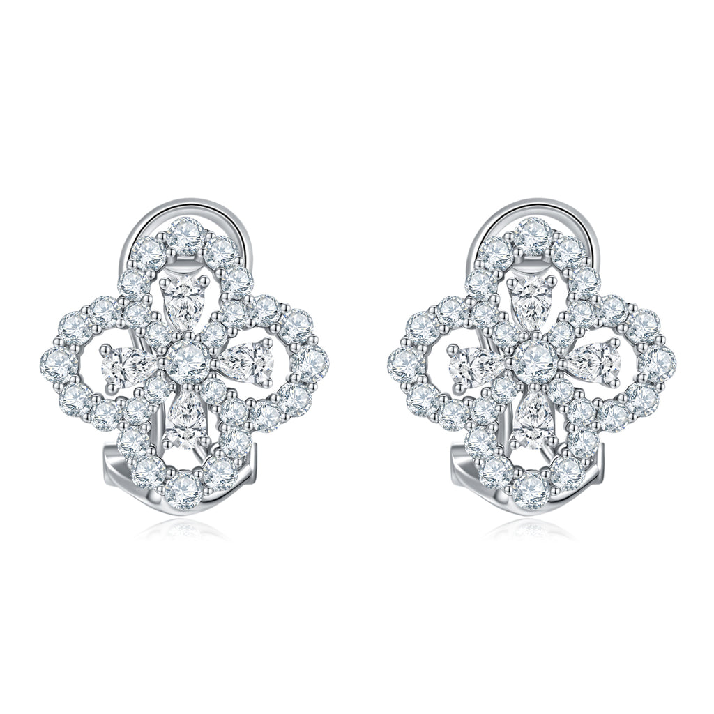 S925 Sterling Silver Clover Huggie Earrings, 3x2mm Pear D-VVS1 Moissanite Cluster, Platinum Plated 4.2g Elegant Women's Jewelry Gift Box