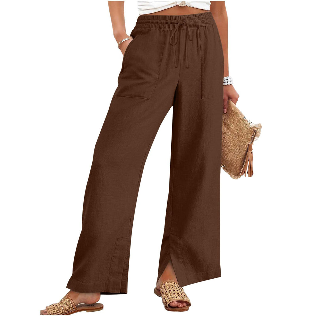 Wide-leg Pants With A Fitted Waist And Drawstring Solid-color Casual Trousers