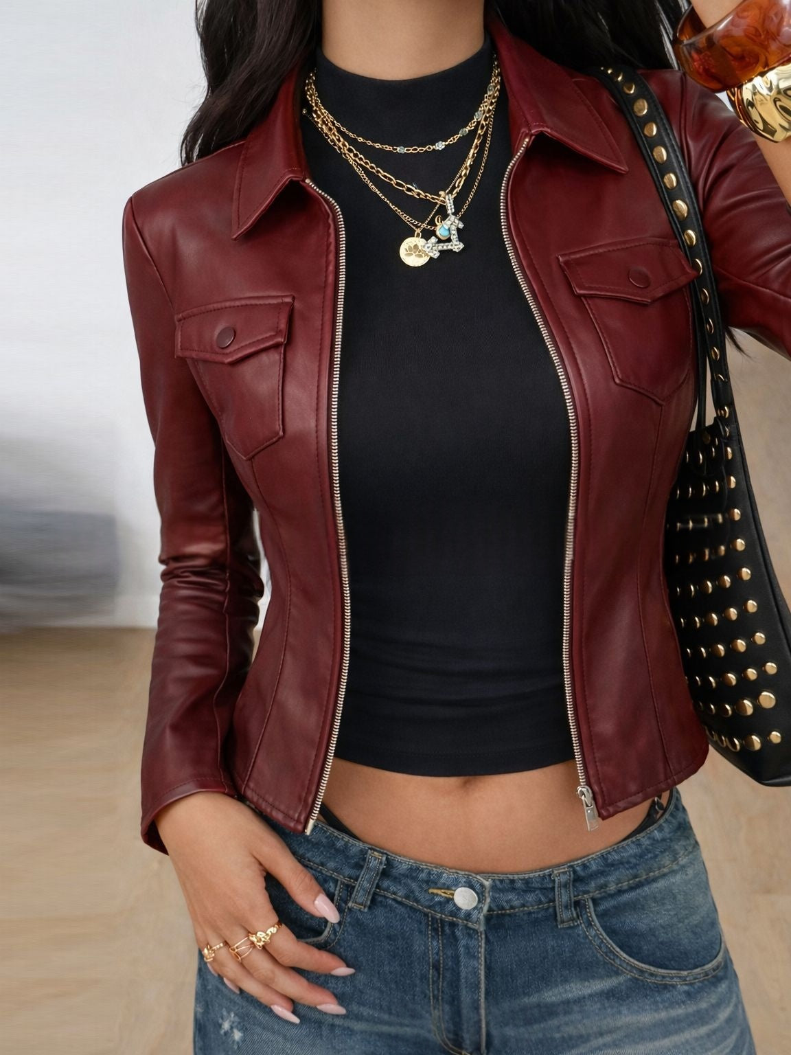 New Autumn Fashionable Outerwear Pocket PU Women's Jacket