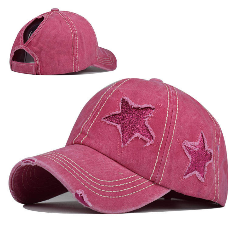 Summer Women's Washed-out Distressed Sequined Five-point Star Baseball Cap For Summer Outings, Sister Gatherings, Trendy Retro Style Hat