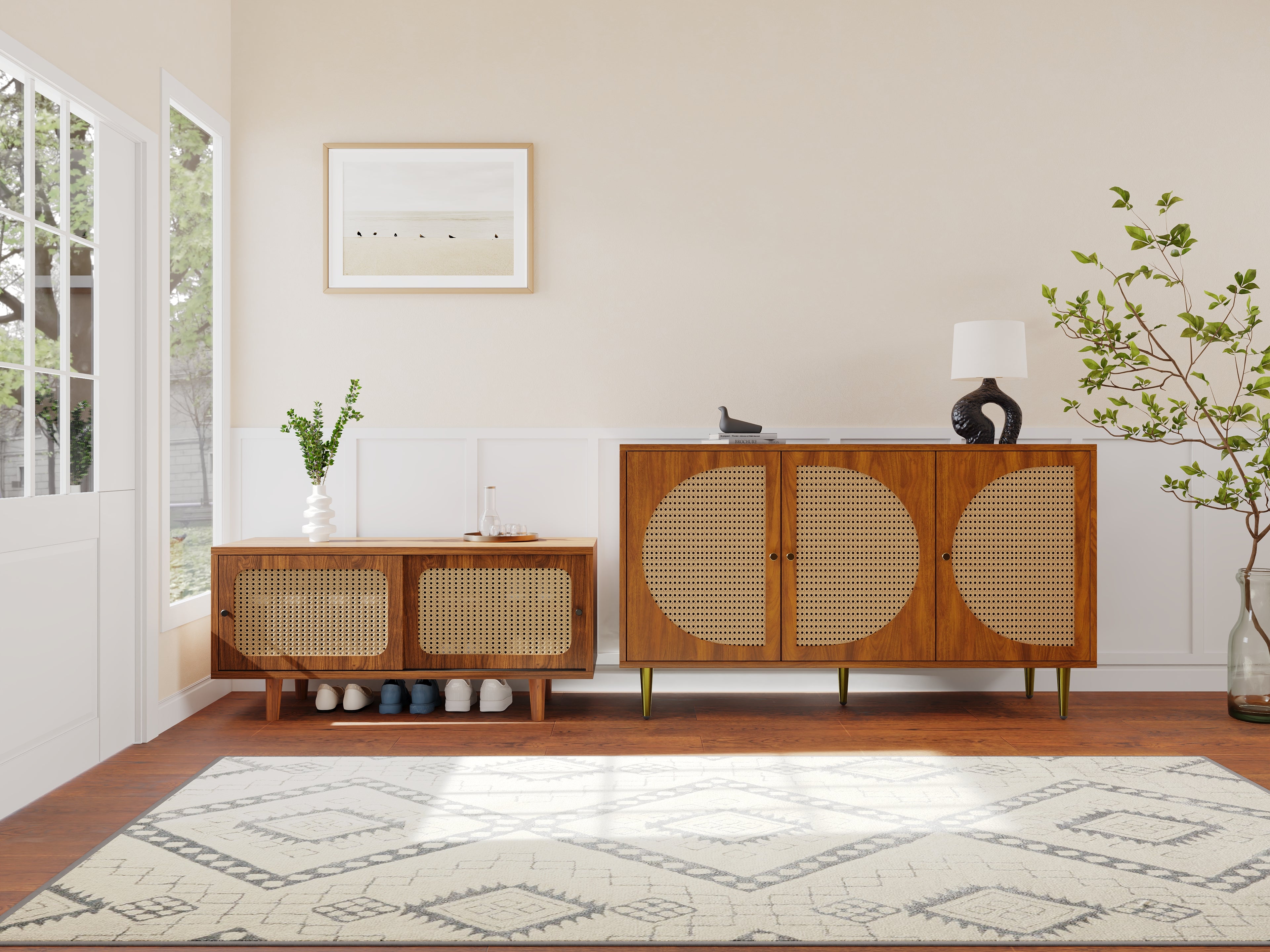 Rattan Sideboard Set For Living Room - Rattan Chest Of Drawers And Shoe Cabinet Combination, Walnut