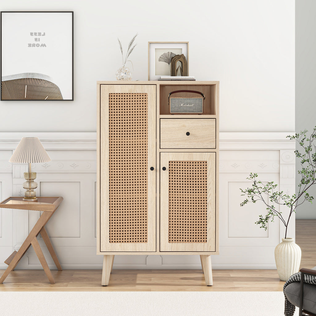 Sideboard In Wood Look, 2 Rattan Doors, 1 Drawer, Corner Cabinet, Chest Of Drawers, Standing Cabinet Storage Cabinet Sideboard With Large Storage Space, 60x40x101c