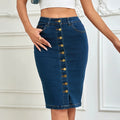 One-piece Front-button Stretch Denim Midi Skirt