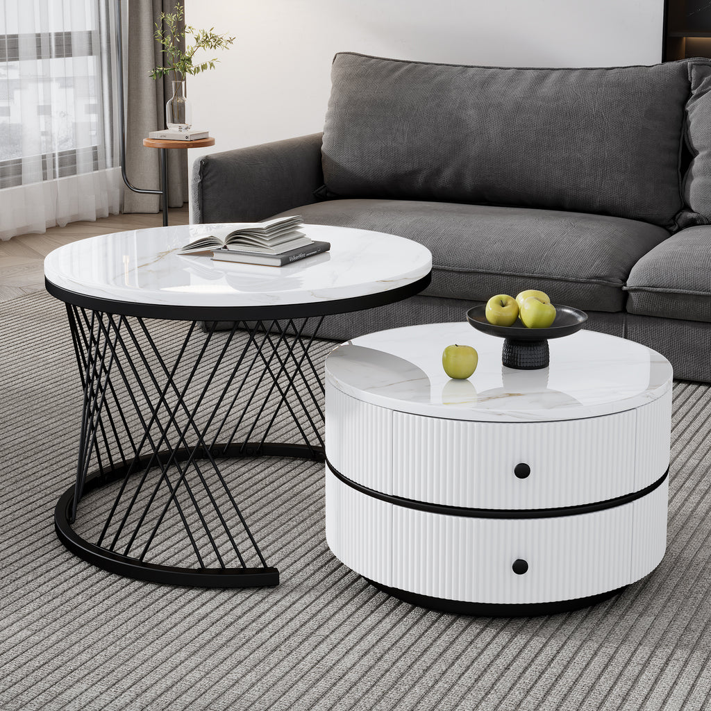 Elegant 2-piece, White Coffee Table Set In Nest Shape, 60x60x46cm & 50x50x31cm, Round Tables With High Gloss Marble Look, 2 Drawers, Loadable Up To 30kg, Nesting Combination Coffee Table