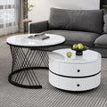Elegant 2-piece, White Coffee Table Set In Nest Shape, 60x60x46cm & 50x50x31cm, Round Tables With High Gloss Marble Look, 2 Drawers, Loadable Up To 30kg, Nesting Combination Coffee Table