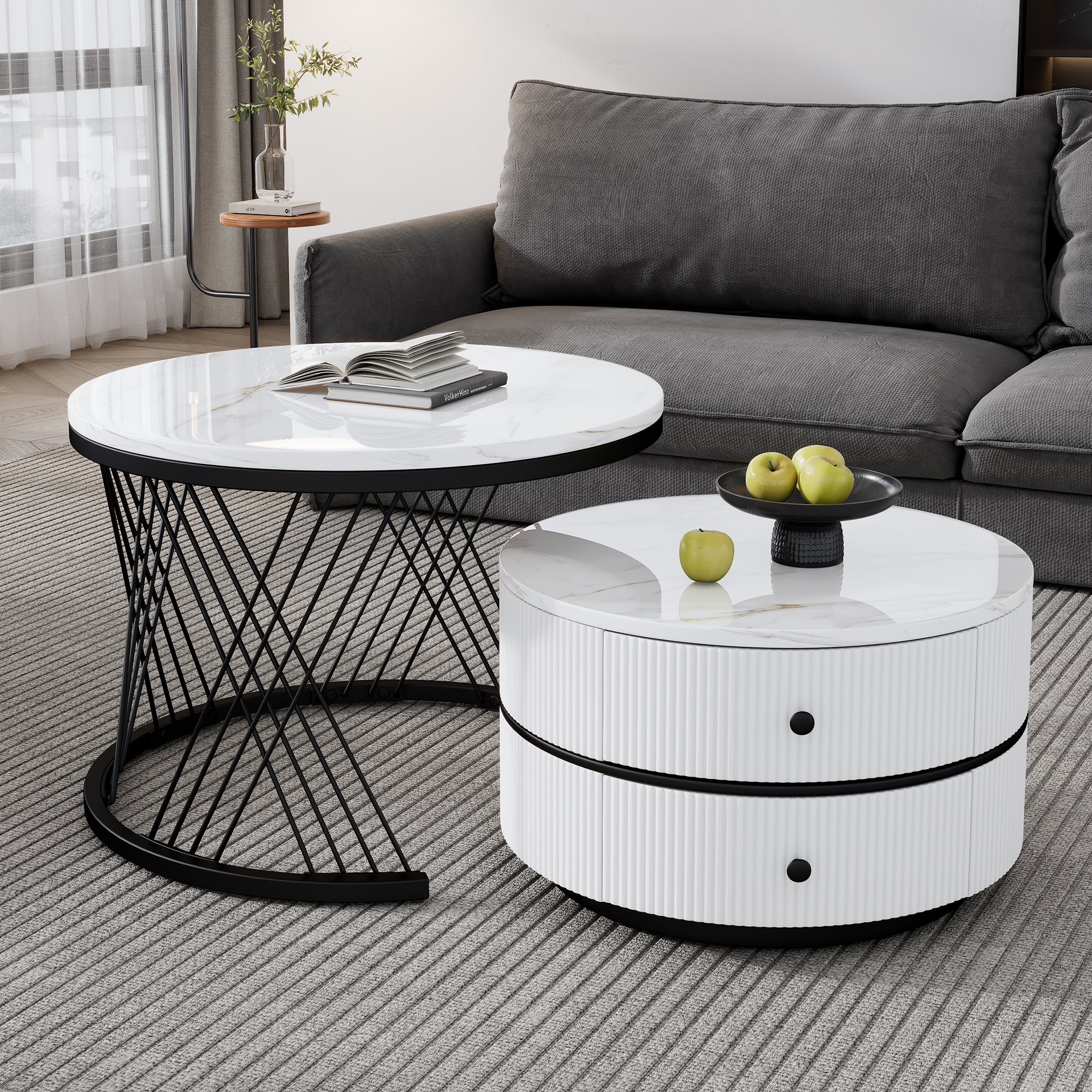 Elegant 2-piece, White Coffee Table Set In Nest Shape, 60x60x46cm & 50x50x31cm, Round Tables With High Gloss Marble Look, 2 Drawers, Loadable Up To 30kg, Nesting Combination Coffee Table