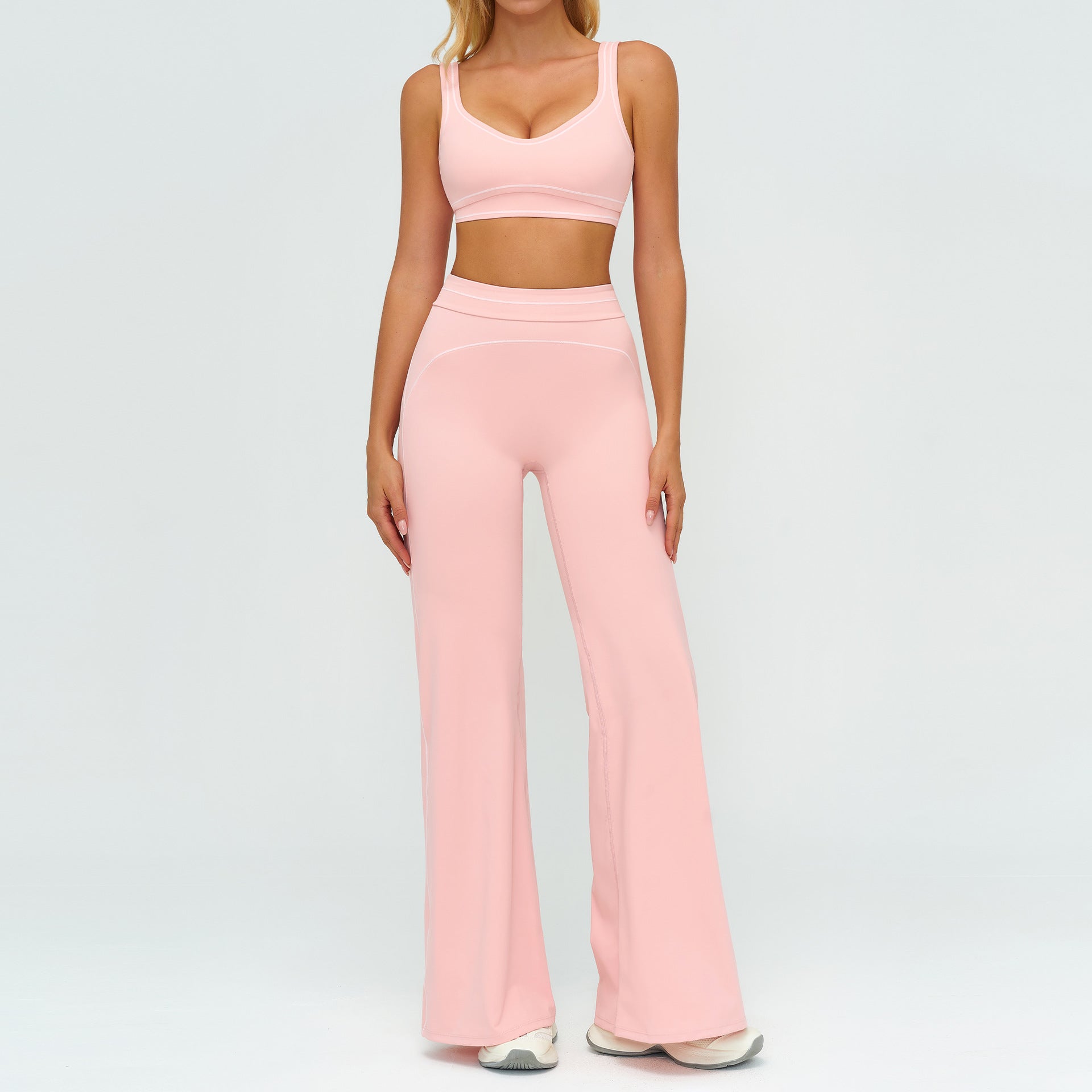 Contrast-color Brushed Yoga Set With Dual Shoulder Straps