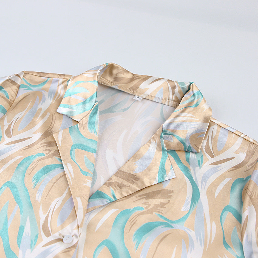 Hot Casual Cardigan Printed Imitated Silk Pajamas Two-piece Set