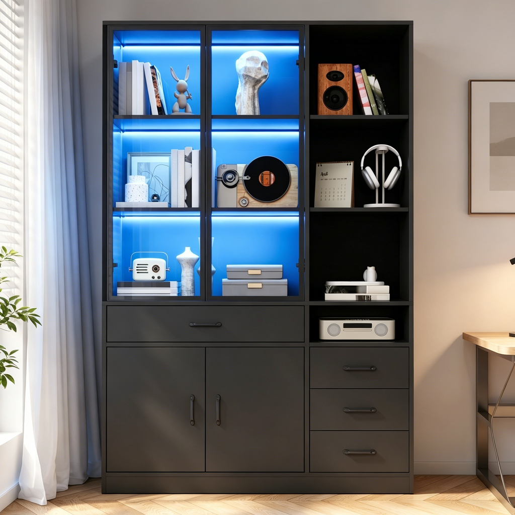 Tall Cabinet With Glass Cabinet & LED, 120x35x200cm Bookcase With 13 Storage Areas, 4 Drawers & Doors Showcases, Storage Cabinets, Cabinets, Suitable For Dining Room And Living Room, Black