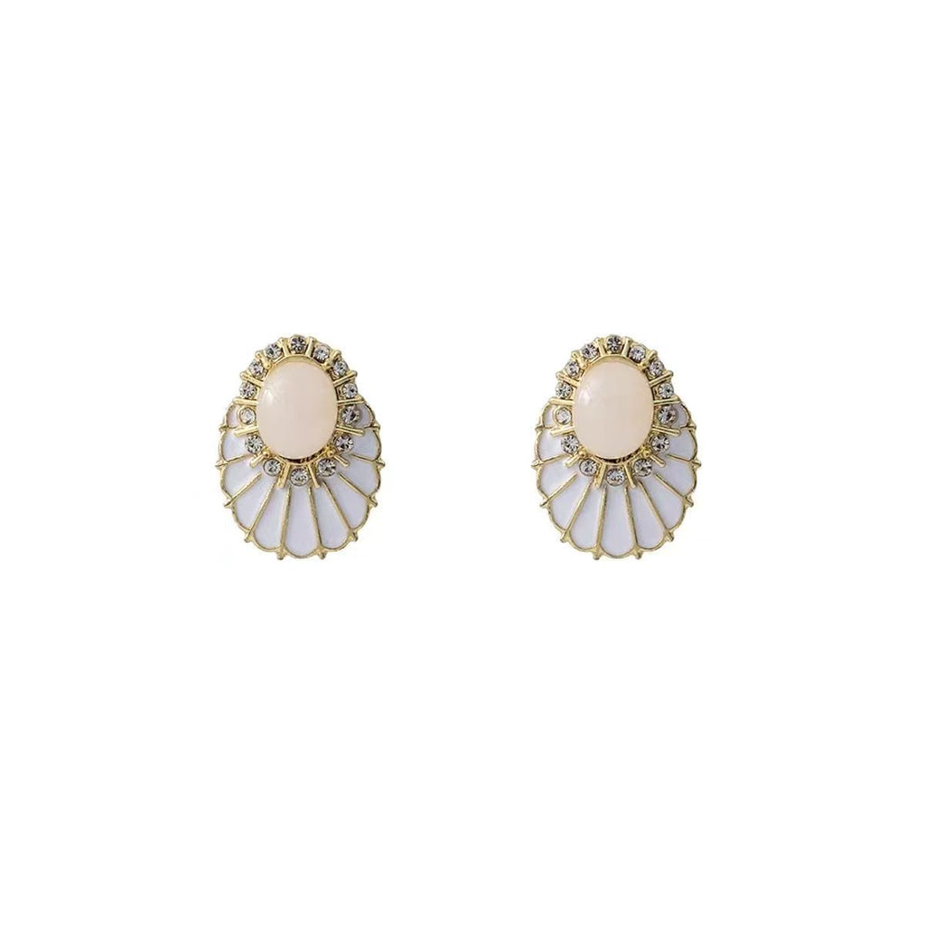 French Vintage Diamond Inlaid Geometric Fan Earrings, Light Luxury Niche Mid-Century Elegant Fashion Stud Ear Jewelry For Women