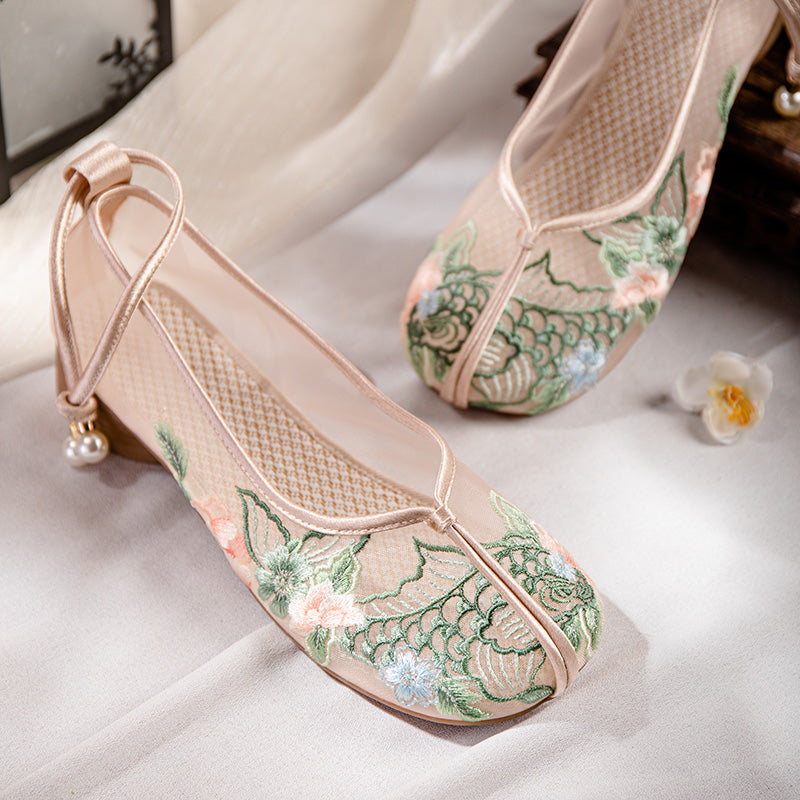 New Chinese Style Embroidered Mesh Shoes - Traditional Chinese Embroidery Flat Shoes, Soft Sole Platform Women S Shoes, Versatile Hanfu-Inspired Style
