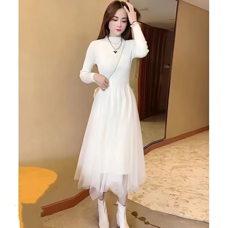 Knitted Patchwork High-Waisted Mesh Dress For Women