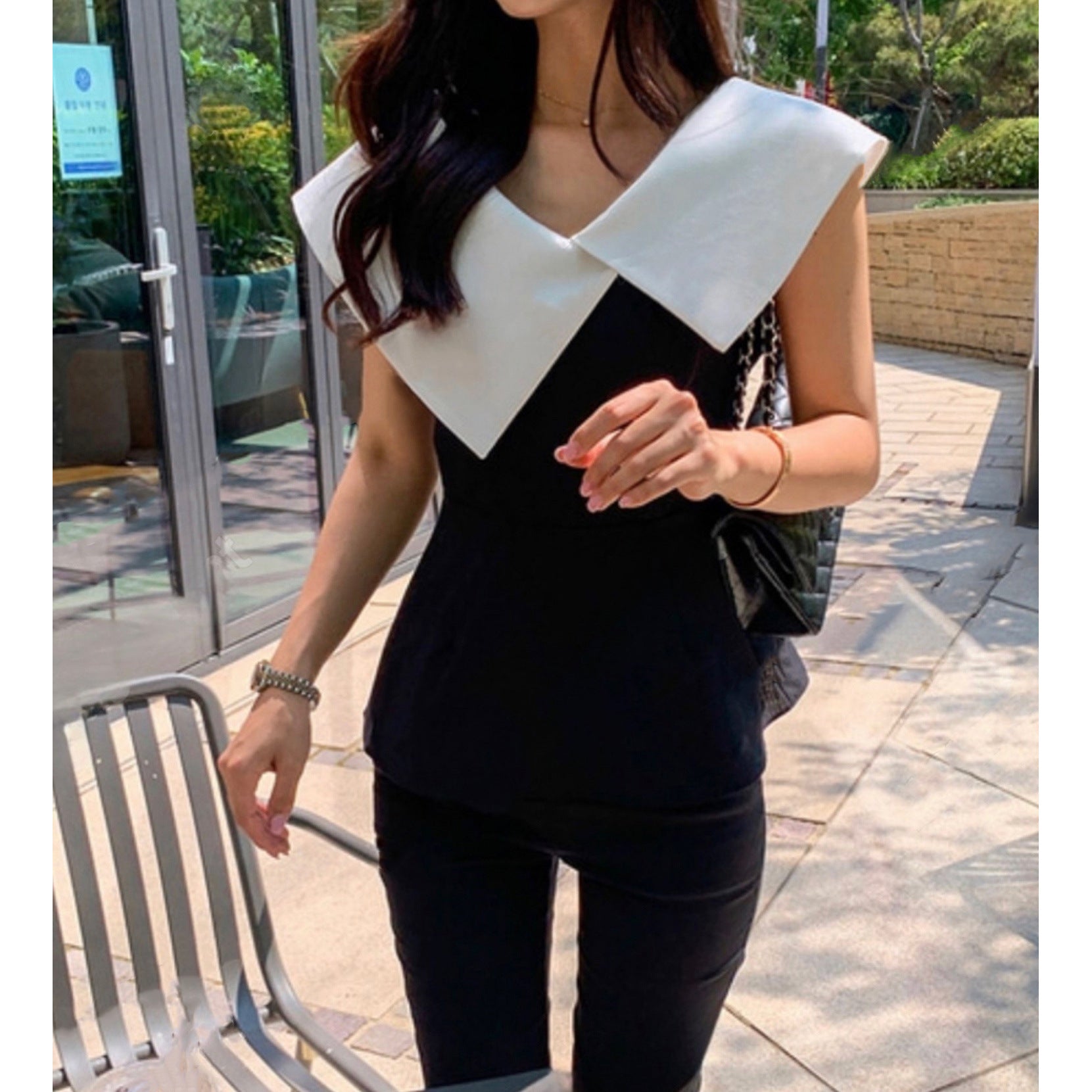 Women's Color-blocked Lapel Waist-cinching Shirt