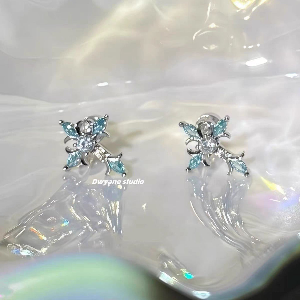 Sparkling Royal Blue Rhinestone Baroque Iris Cross Stud Earrings, Screw Back Cartilage & Helix Piercing Jewelry, Niche Unique Earrings