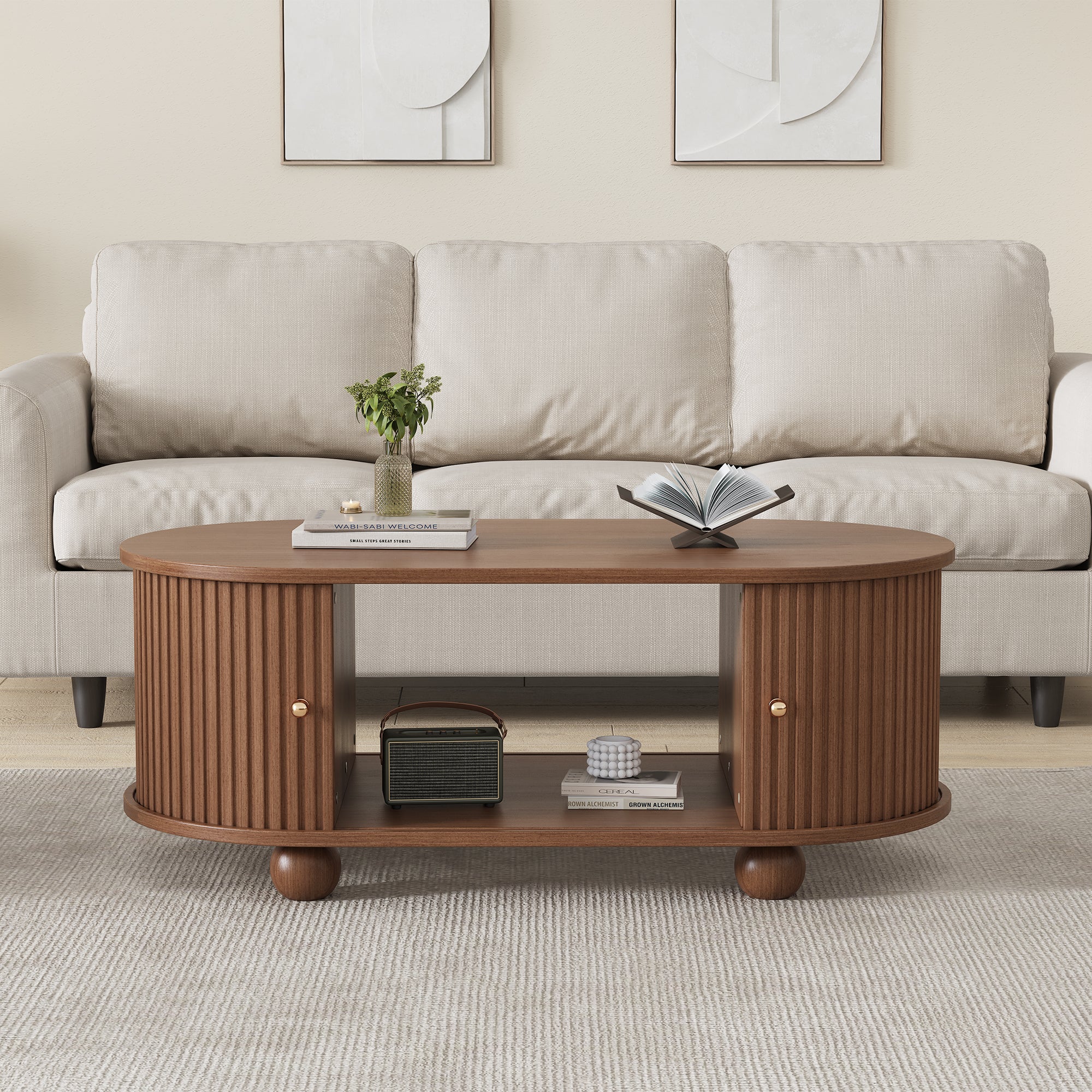 100 X 50 X 40 Cm Walnut Tree Coffee Table With Storage Space And Sliding Doors Space Saving Multifunctional Furniture In Wood Colors,Sofa Table With 360 Degree Sliding Door,Coffee Table With 4 Legs