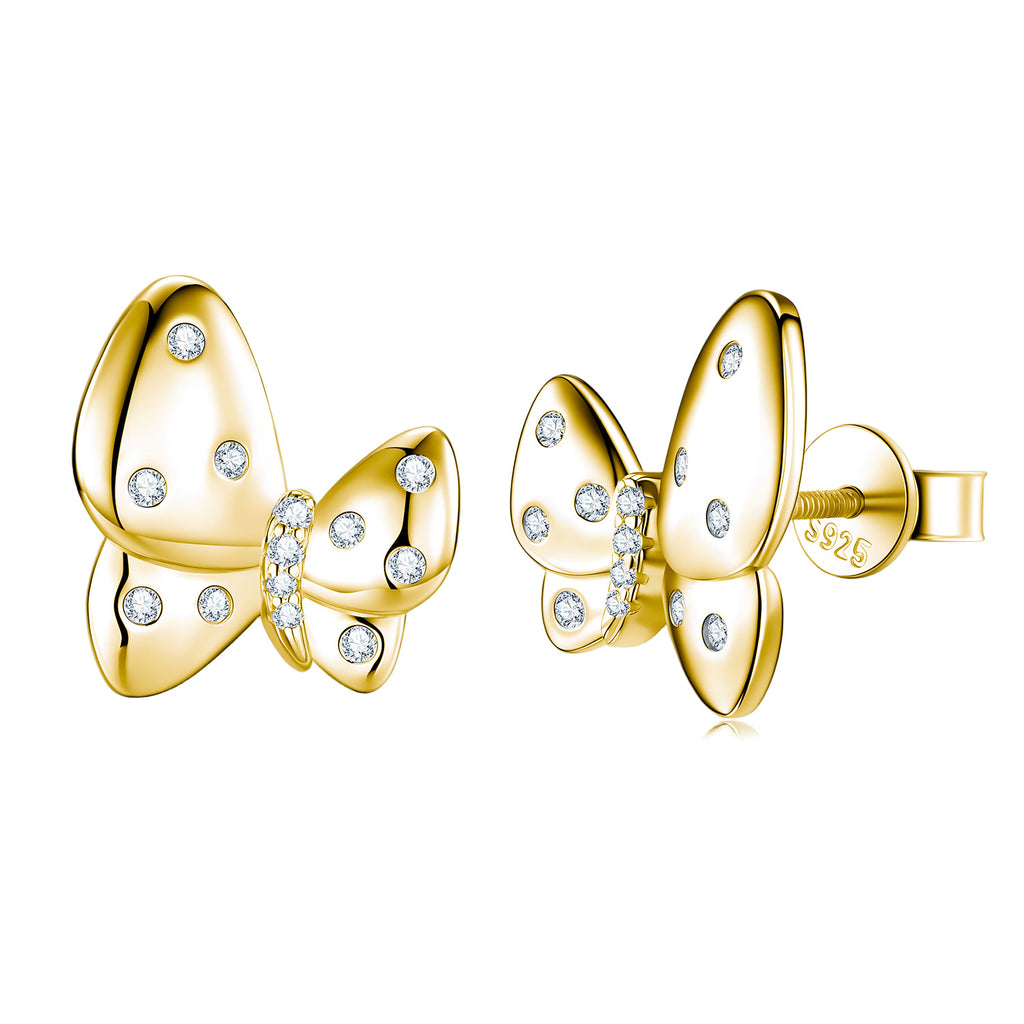 S925 Sterling Silver Butterfly Stud Earrings, D-VVS1 Moissanite Polished Wings, Platinum Plated 3.1g Women's Jewelry Gift Box Set