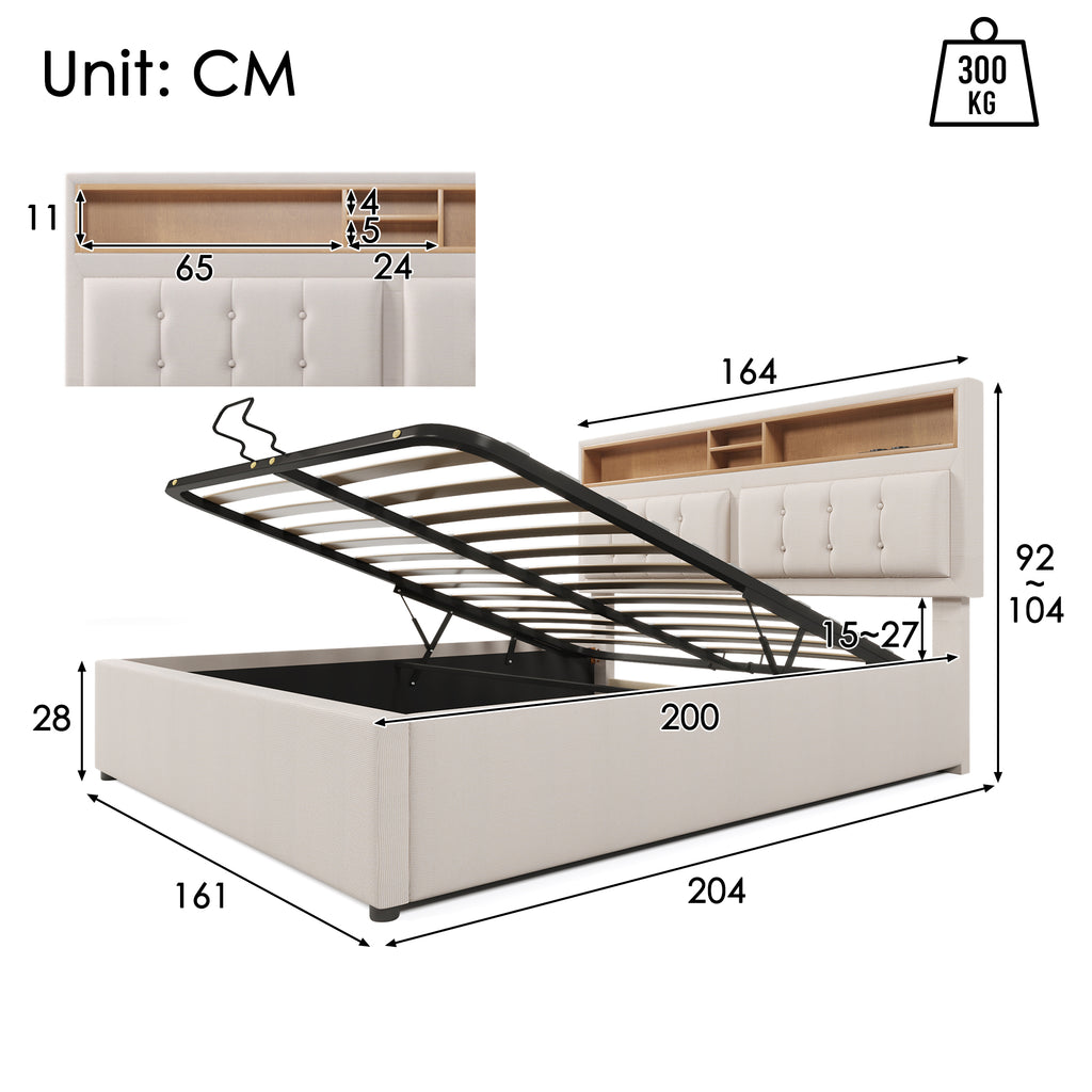 Upholstered Bed Double Bed With USB C Socket Charging Function Headboard, Storage Beds Bed Frame Made Of Linen Material Youth Bed 160x200 With Slatted Base Without Mattress