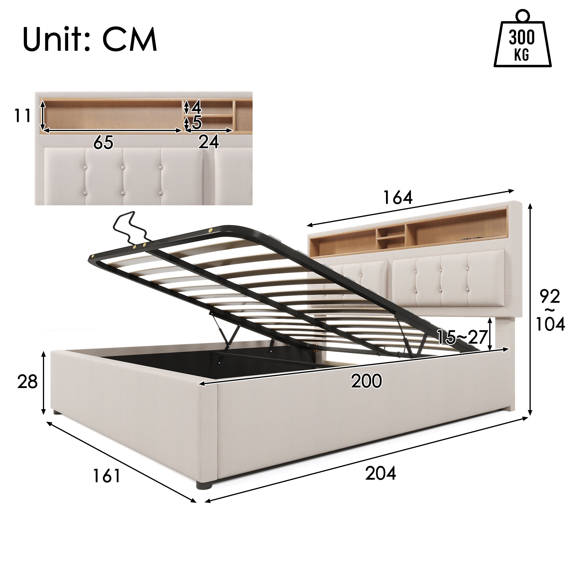 Upholstered Bed Double Bed With USB C Socket Charging Function Headboard, Storage Beds Bed Frame Made Of Linen Material Youth Bed 160x200 With Slatted Base Without Mattress