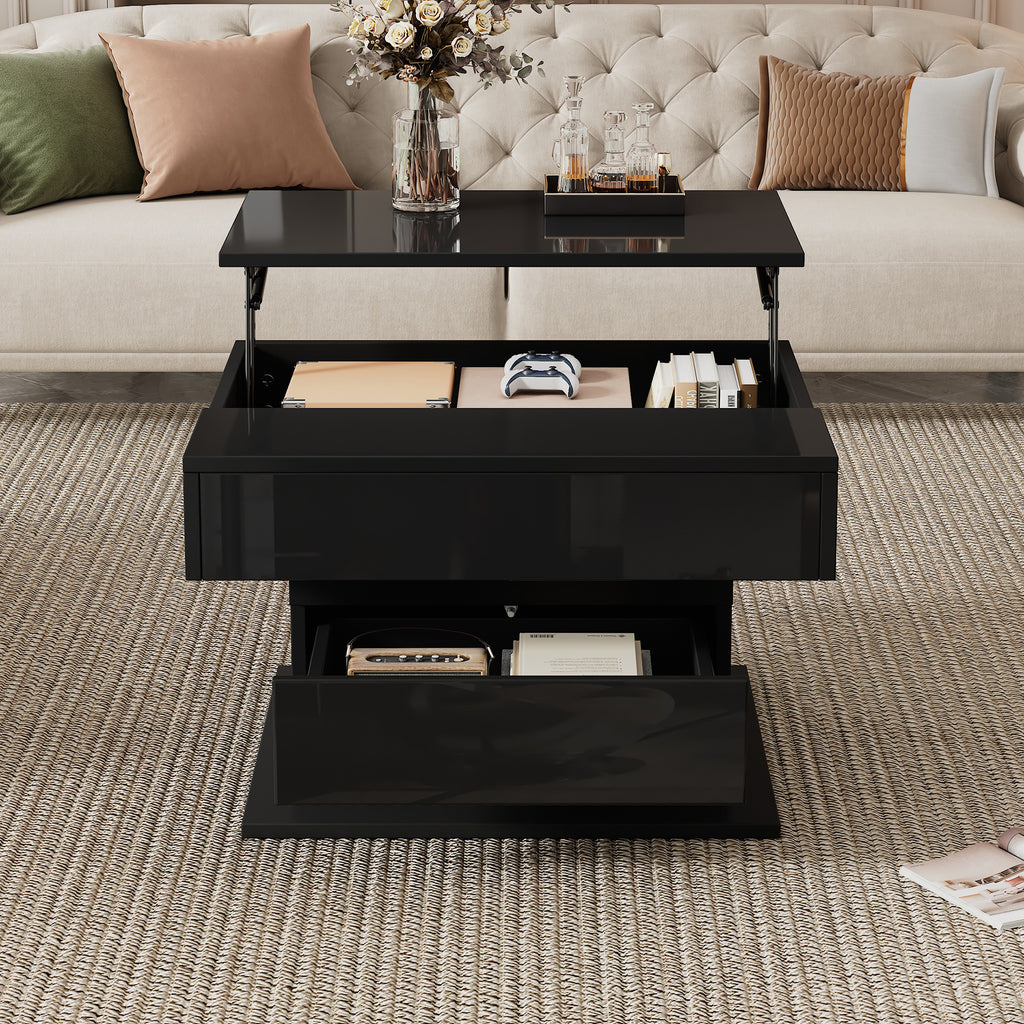 70x70x45cm Geometric Coffee Tish,Top Table Top 360 Free Swivel,Liftable Coffee Table With 1 Drawer,High Gloss Living Room Table With Hidden Storage, Sofa Table,Side Table,Black