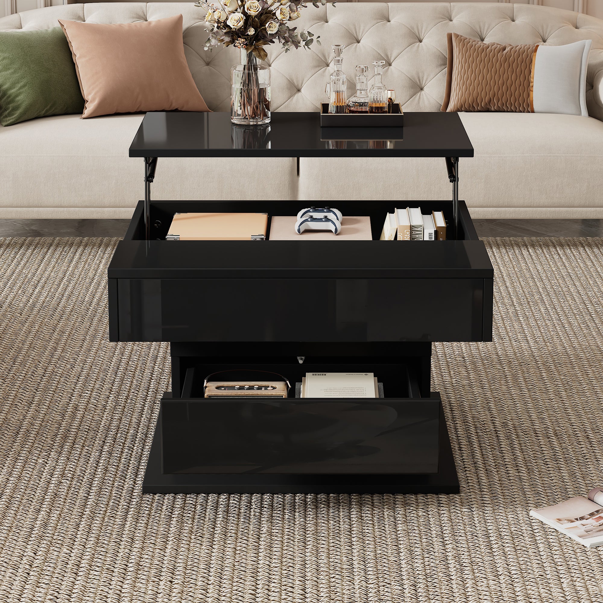 70x70x45cm Geometric Coffee Tish,Top Table Top 360 Free Swivel,Liftable Coffee Table With 1 Drawer,High Gloss Living Room Table With Hidden Storage, Sofa Table,Side Table,Black