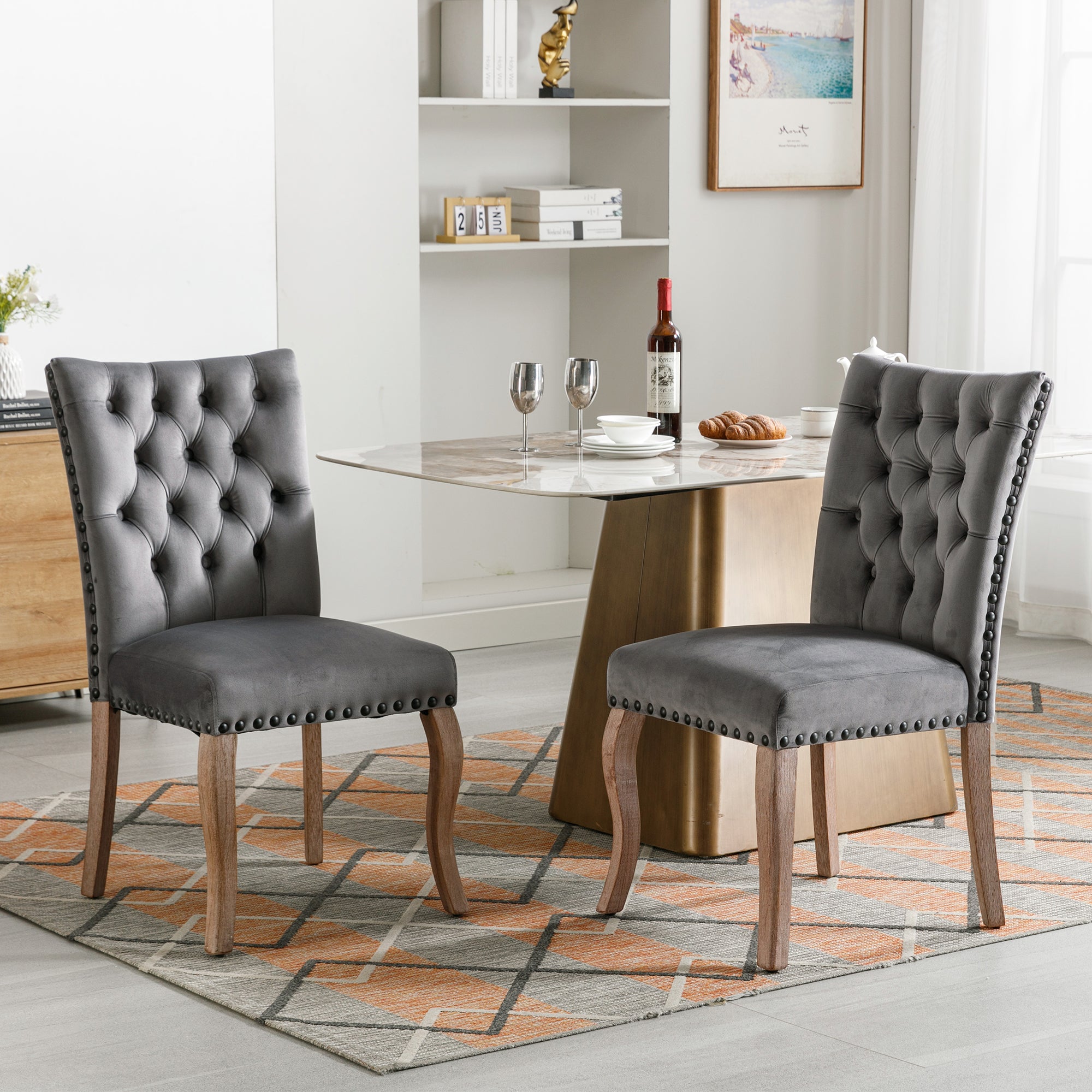 Dining Chair Kitchen Chair Living Room Chair With Unique Door Clamp On The Back, 2 Pieces, Upholstered Chair With Nail Head Occupation, Legs Made Of Solid Wood, Velvet Cover, Grey