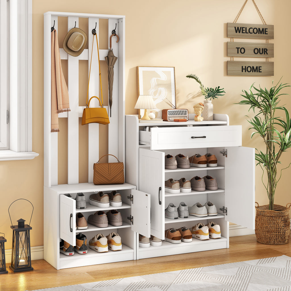 White Coat Rack Set 140.6 X 32 X 180 Cm, Hallway Coat Rack Panel   Shoe Cabinets, Matt, Hallway Furniture, Hallway Drying Stand, Hallway Coat Rack, Shoe Changer Set