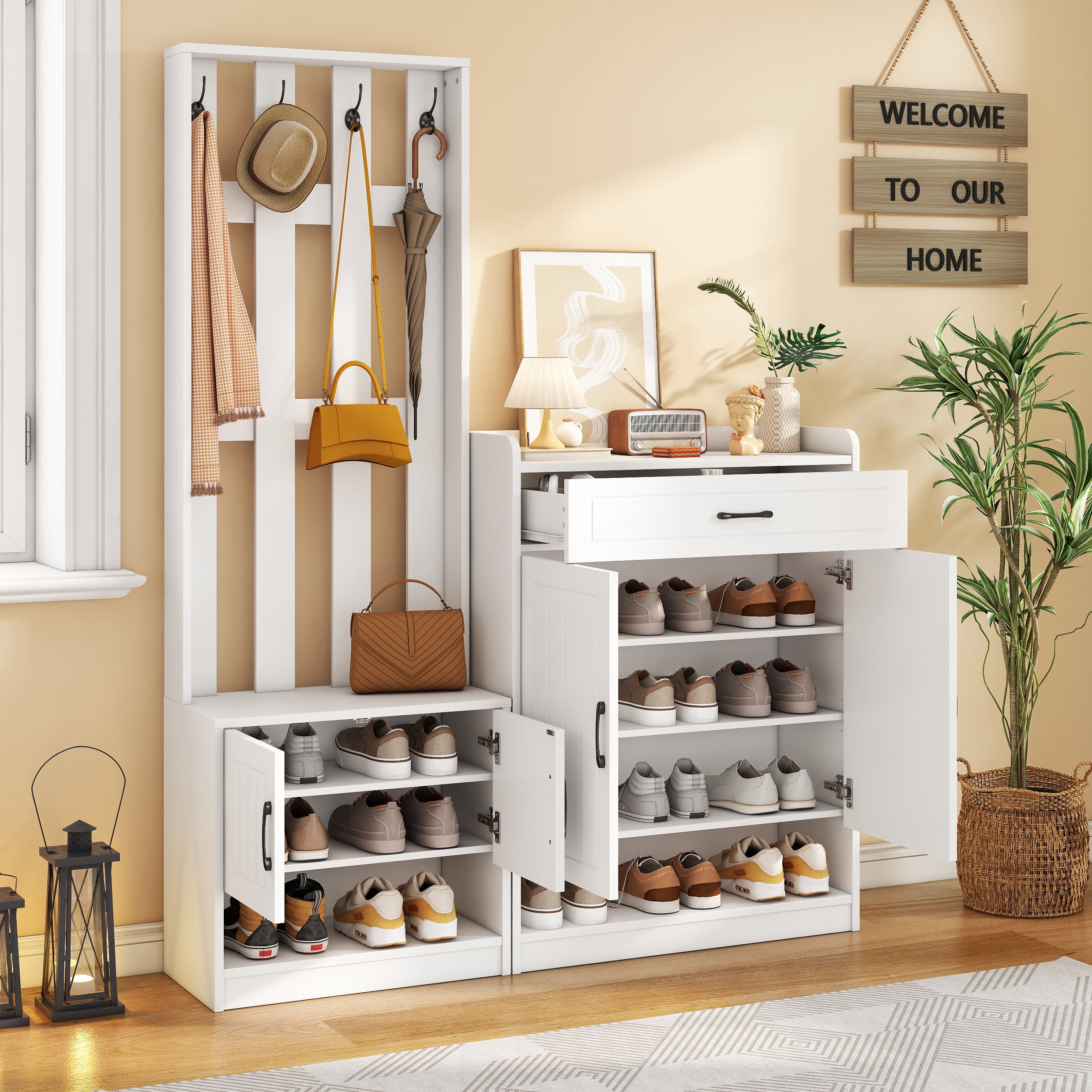 White Coat Rack Set 140.6 X 32 X 180 Cm, Hallway Coat Rack Panel   Shoe Cabinets, Matt, Hallway Furniture, Hallway Drying Stand, Hallway Coat Rack, Shoe Changer Set