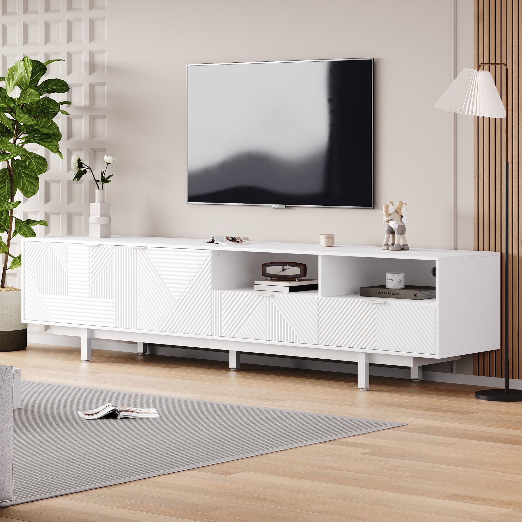 Modern Bohemian TV Cabinet, Abstract White Geometric Lines TV Cabinet, Modern Minimalist Cabinet Door Decoration With Storage Space, 200X40X51cm, Can Accommodate Up To 90 Inch TV