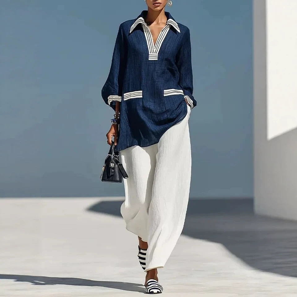 Cotton-linen Comfortable Casual Color-block Bell-sleeve Pol Shirt And V-neck Pants Two-piece Set