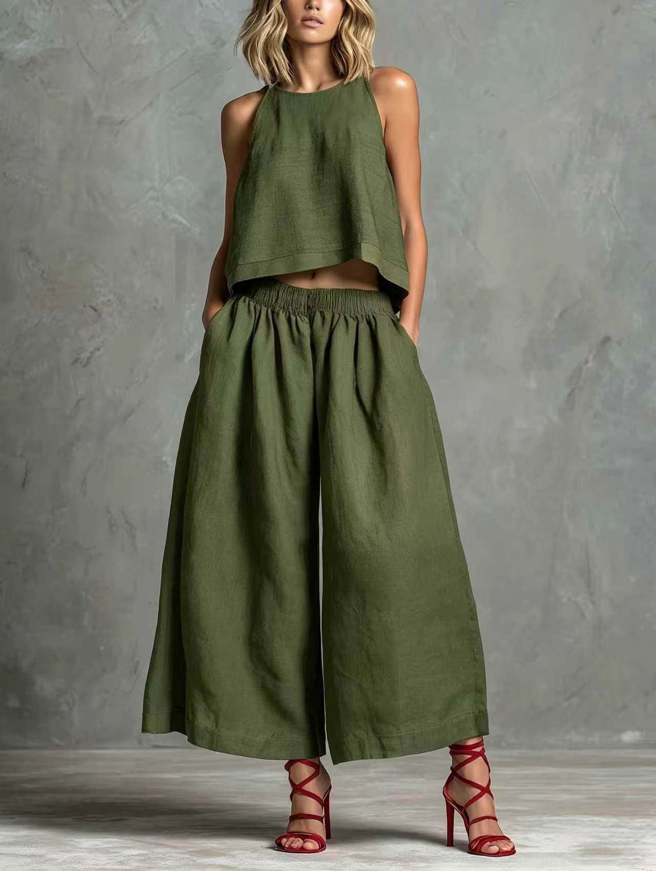 Loose Laid-back Linen Vest And Wide-leg Pants Set