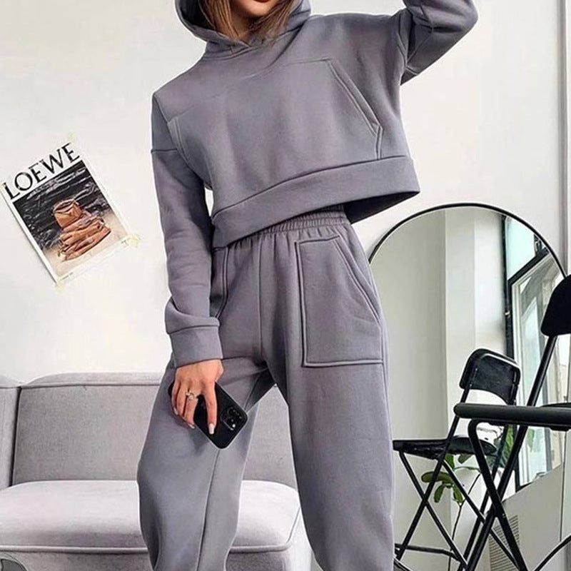 New Women's Sporty Casual Pocket Thickened Hooded Sweater Set