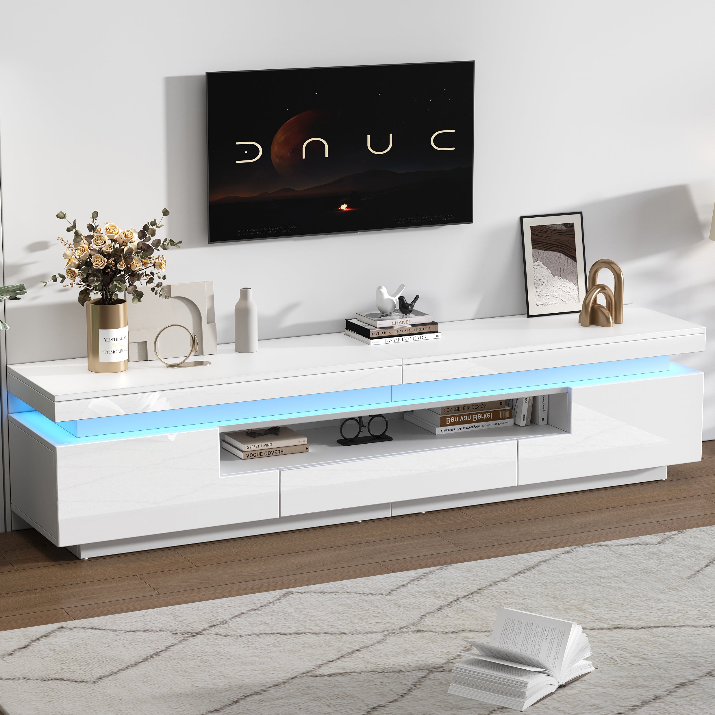 175x38x45cm Living Room TV Stand With 2 L-Shaped Cabinets And 1 Drawer,High Gloss Living Room Cabinet With LED,Lowboard With Semi-Open Storage,Floor-standing TV Cabinet Suitable For TVs Around 75 Inch