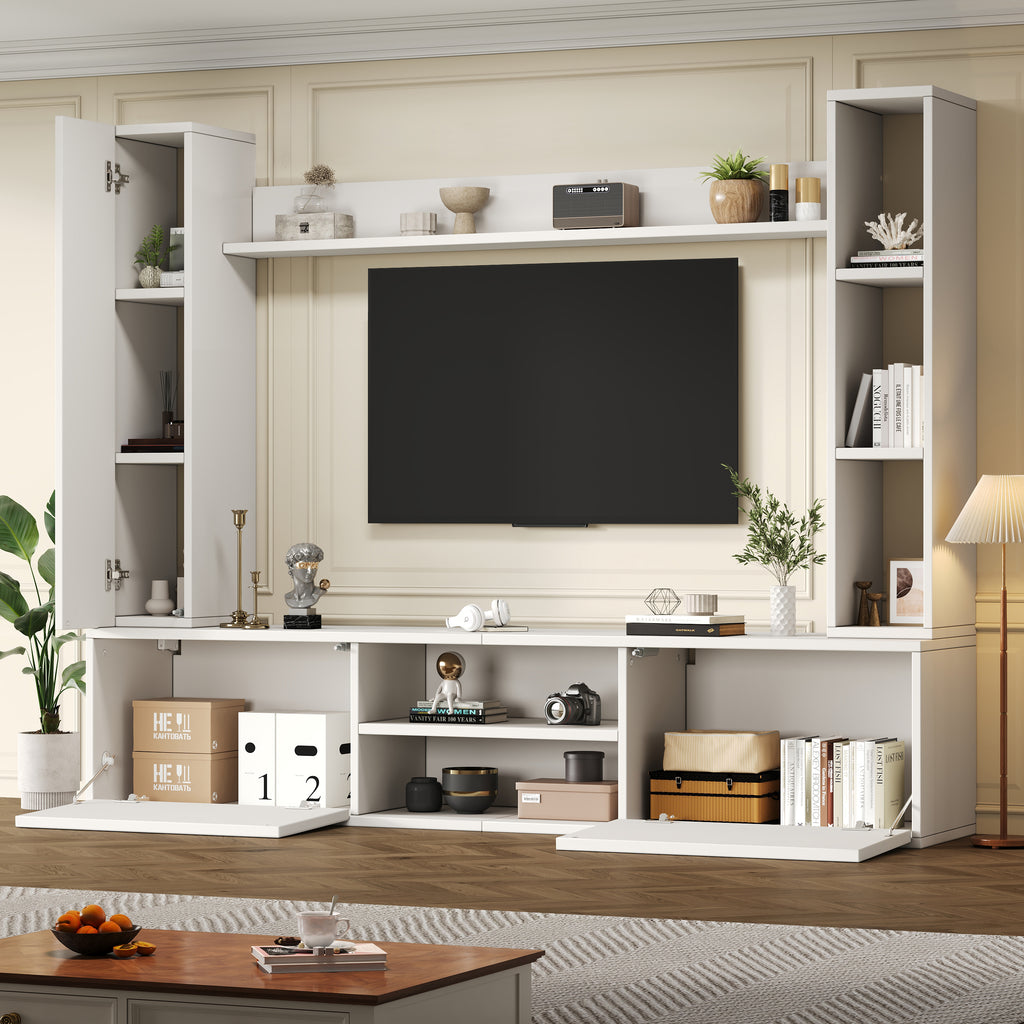 180x35x33.5cm TV Living Wall Set With Showcases Complete Set, 4-Piece,Media Wall Incl.TV Board, Stand Rack And 2 Wall Racks,TV Living Room Furniture Set,TV Wardrobe, Standing&Hanging,TV Up To 80,White