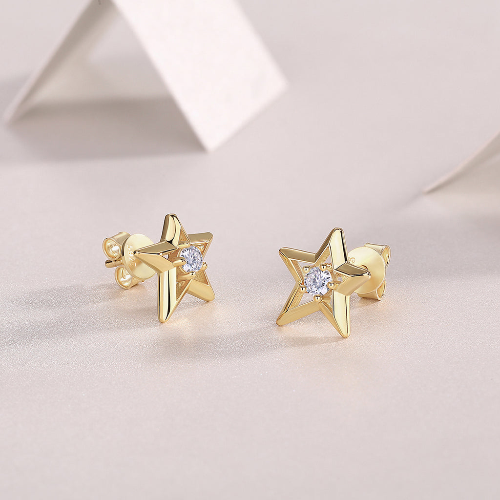 S925 Sterling Silver Star Stud Earrings, 3mm D-VVS1 Moissanite, Platinum Plated 2.1g Women's Jewelry Gift Box