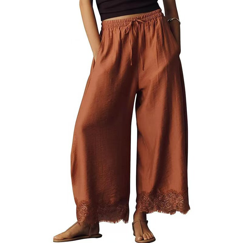 Women's Elastic-waist Lace-panelled Trousers