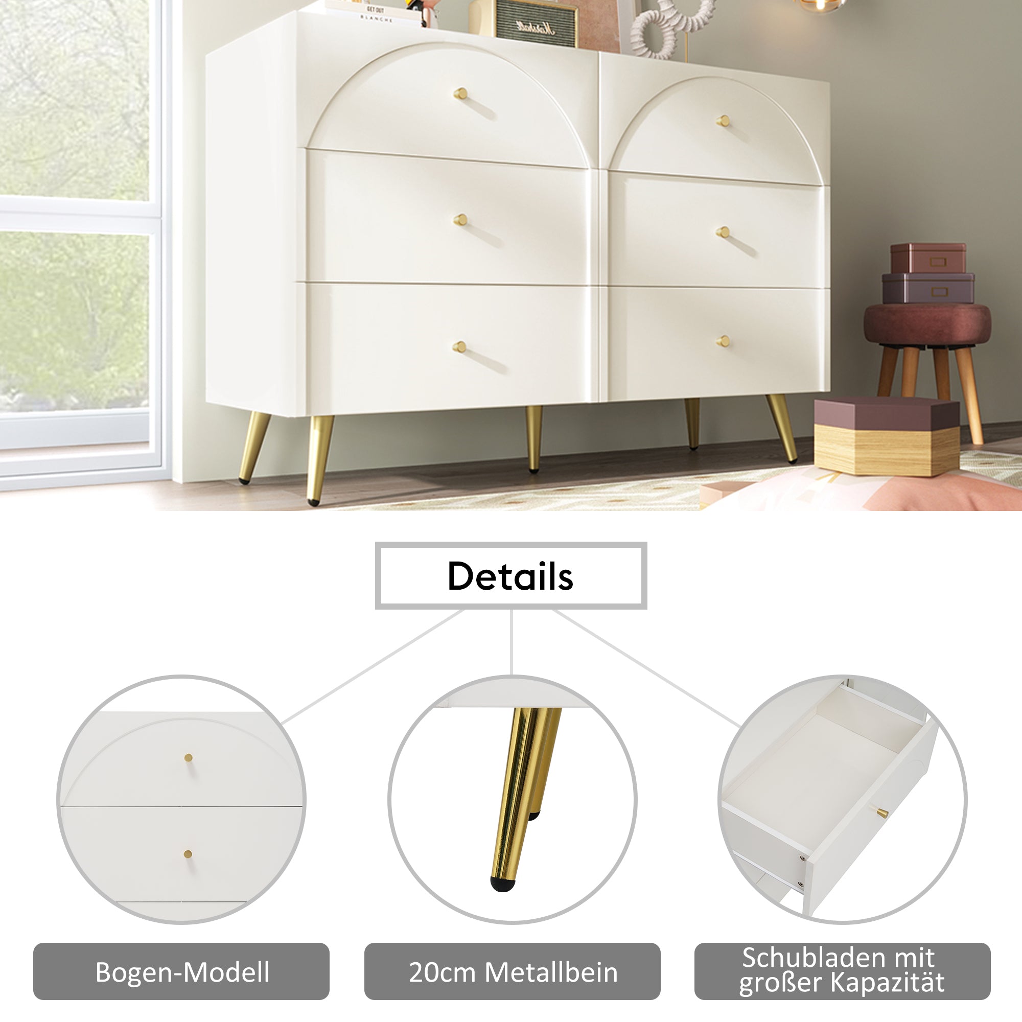 Drawer Chest Of Drawers Chest Of Drawers With 6 Drawers, White Sideboard Highboard For Bedroom & All Living Rooms, Cream-White -H85 W120 D40 Cm
