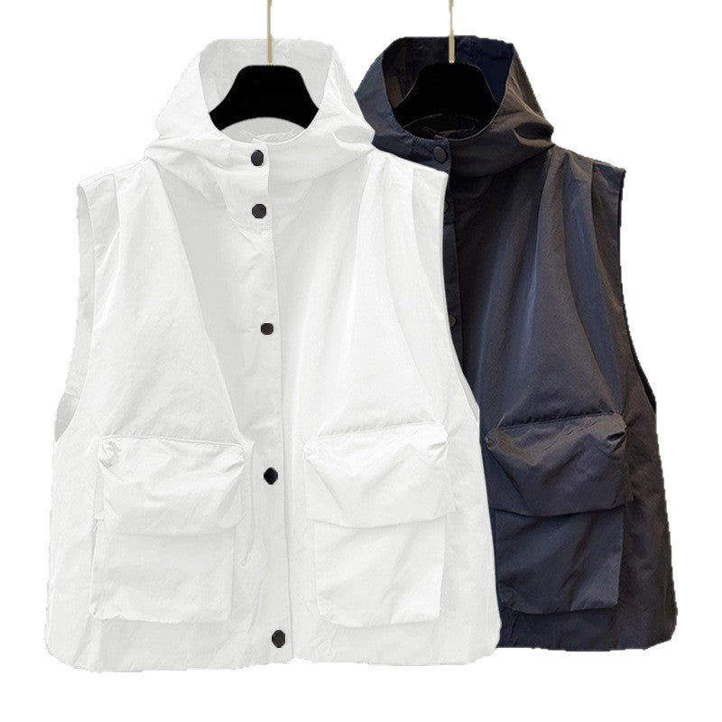 Solid-color Cardigan Hooded Outerwear Vest Jacket