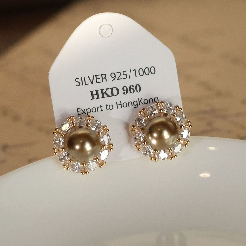 Classic Elegant Light Luxury Niche Round Champagne Pearl Sparkling Stud Earrings, Versatile New Autumn Winter Jewelry