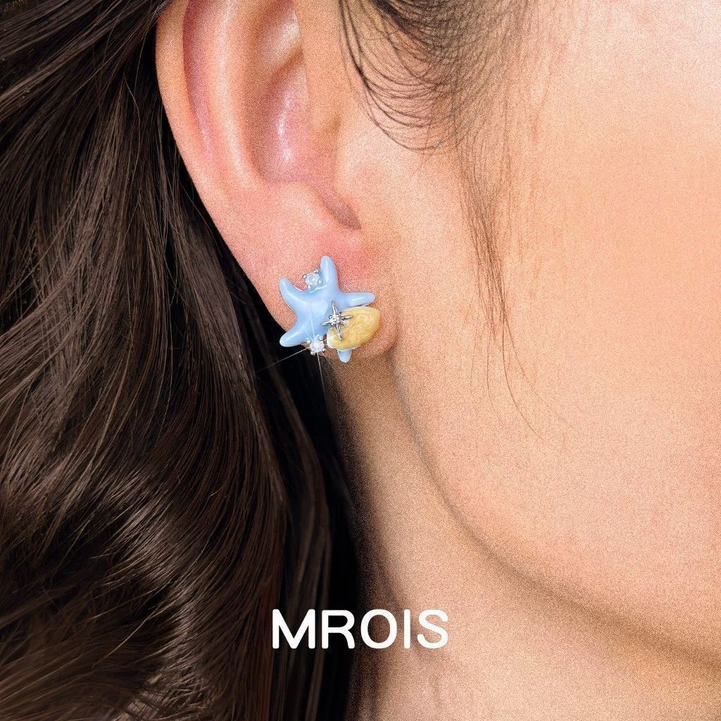Original Designed Enamel Glaze Creamy Blue Starfish & Shell Zircon Stud Earrings, Niche Personalized Light Luxury High-End Ear Jewelry For Women
