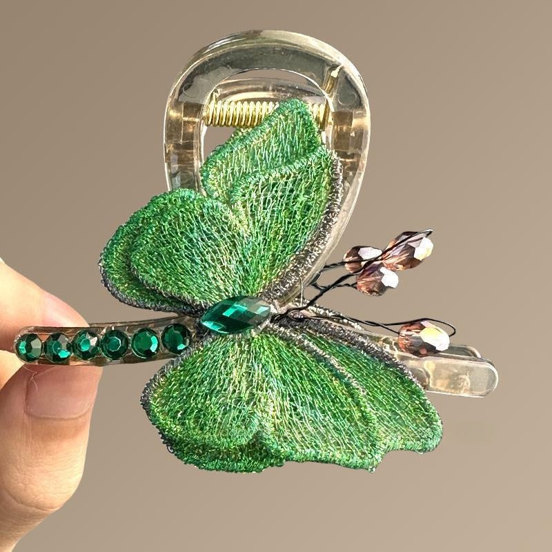 Retro-style Embroidered Butterfly Half-up Shark Clip Hair Accessory