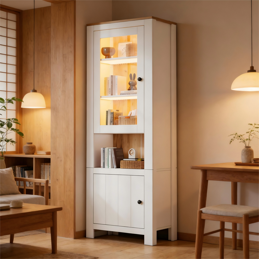 70 X 40 X 188 Cm Tall Cabinet, Freestanding Display Cabinet With 2 Cabinet Doors, Six Shelves, A Back Panel In Natural Wood Look, Adjustable Shelves, Glass Display Case With LED Lighting, White  Natu