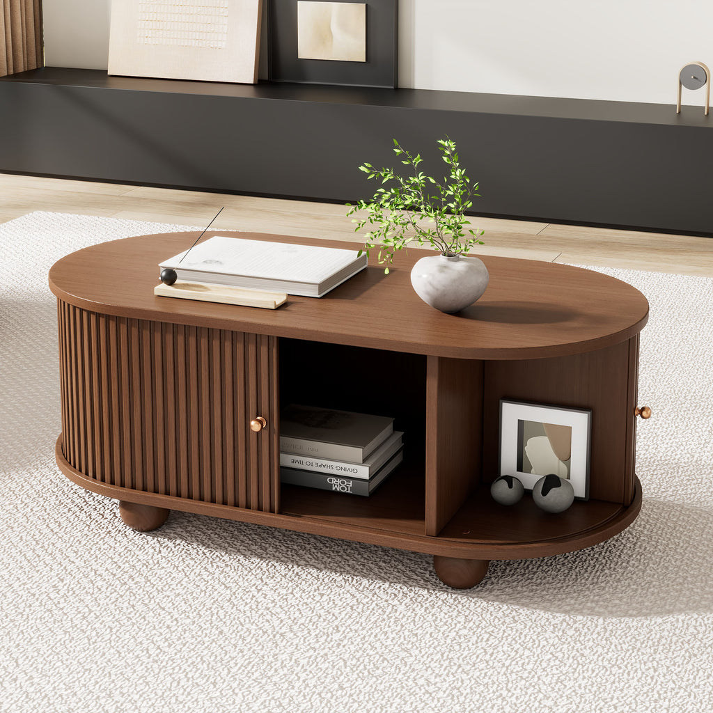 100 X 50 X 40 Cm Walnut Tree Coffee Table With Storage Space And Sliding Doors Space Saving Multifunctional Furniture In Wood Colors,Sofa Table With 360 Degree Sliding Door,Coffee Table With 4 Legs