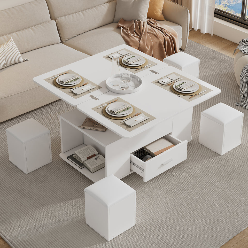 Height-adjustable Coffee Table, Movable Sofa Table, 4-in-1 Multifunctional Coffee Table Convertible Into A Living Roomdining Table, Coffee Table With Drawers, With 4 Stools, White