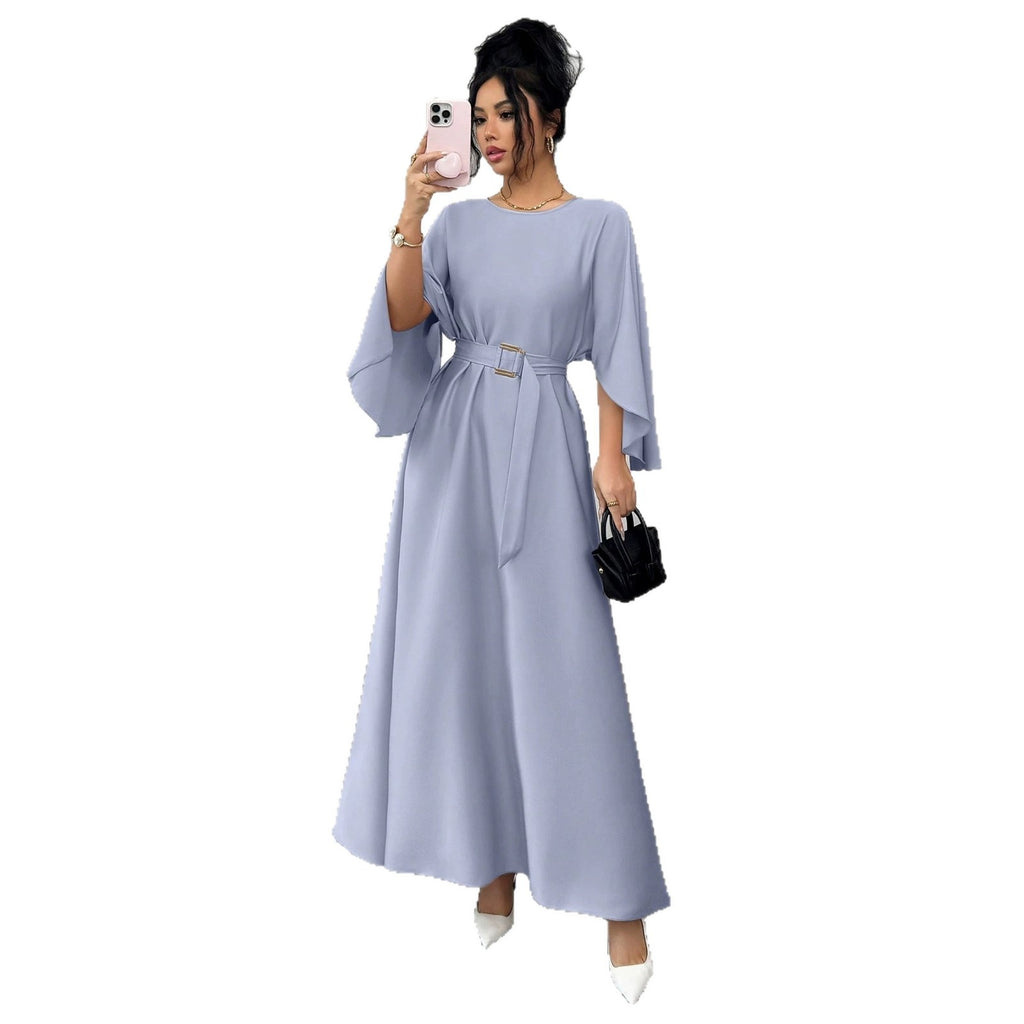Womens Fashion Round-Neck Defined-Waistline Lace-Up Dress