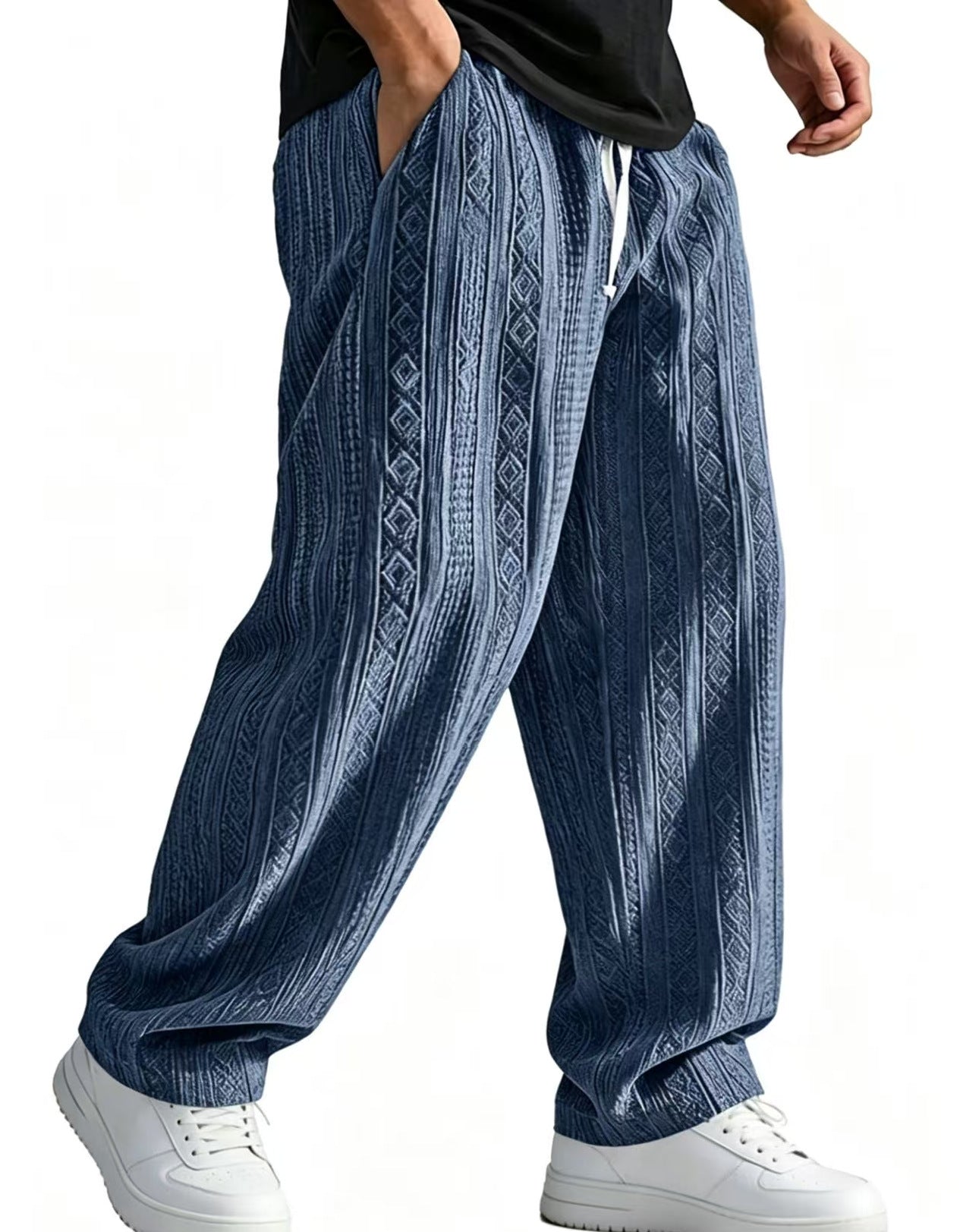 Mens Loose-Fit Jacquard Wide-Leg Casual Solid-Color Straight-Leg Trousers