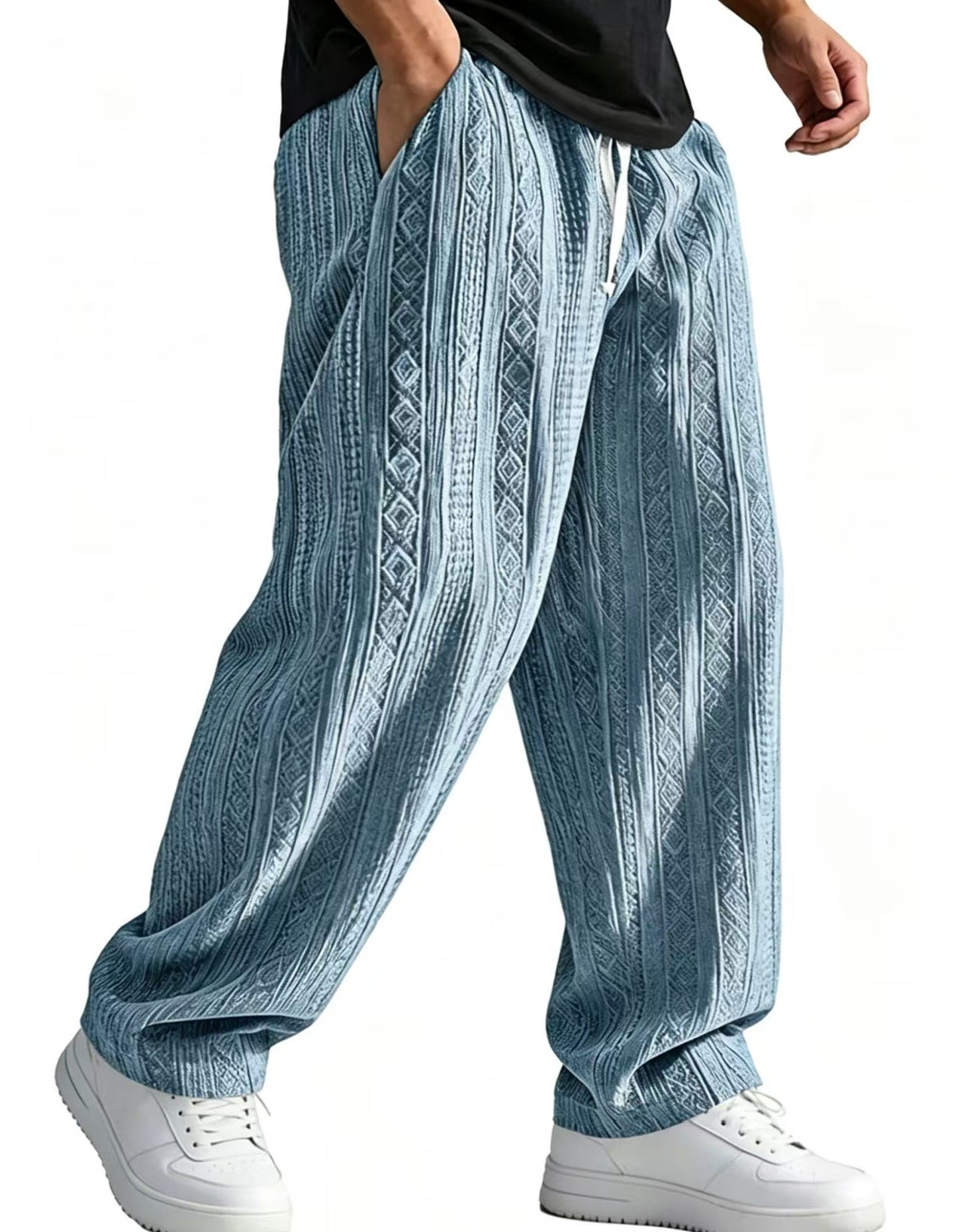Mens Loose-Fit Jacquard Wide-Leg Casual Solid-Color Straight-Leg Trousers