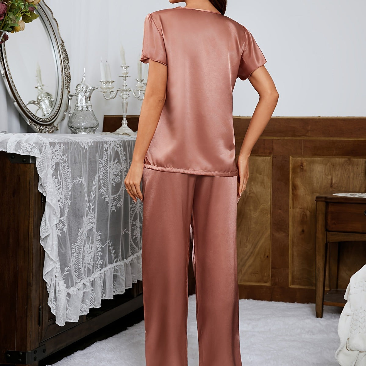 Long Pants And Short-sleeve Loose-fit Faux Silk Loungewear Set