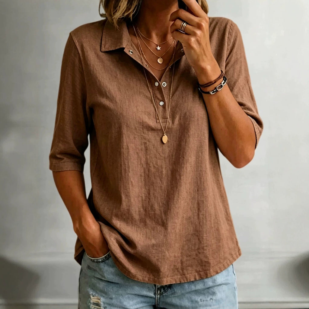 Loose-fitting Casual Mid-sleeve Lapel-collar Solid-color Shirt