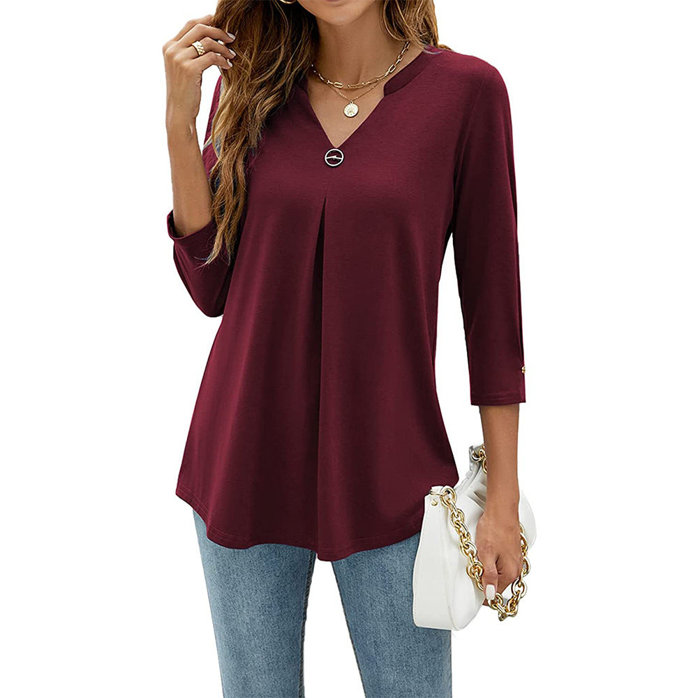 Womens Solid-Color V-Neck Pleated T-Shirt With Three-Quarter Sleeves And Button Accents