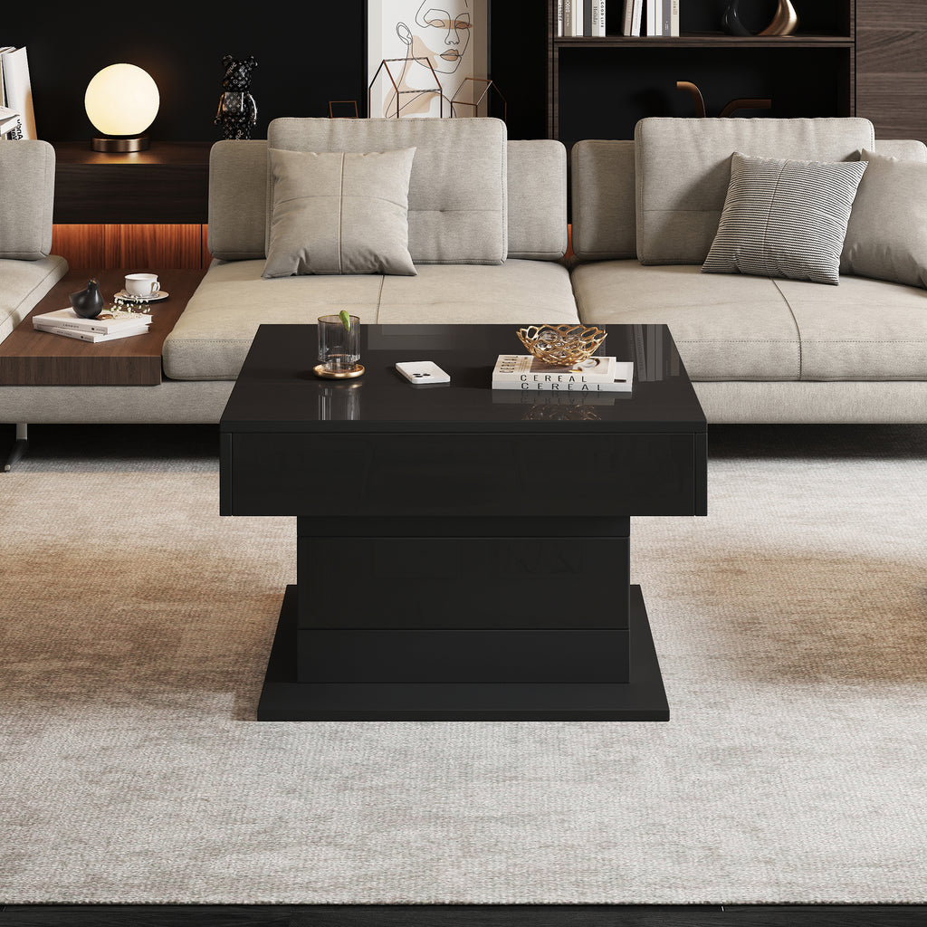 70x70x45cm Geometric Coffee Tish,Top Table Top 360 Free Swivel,Liftable Coffee Table With 1 Drawer,High Gloss Living Room Table With Hidden Storage, Sofa Table,Side Table,Black